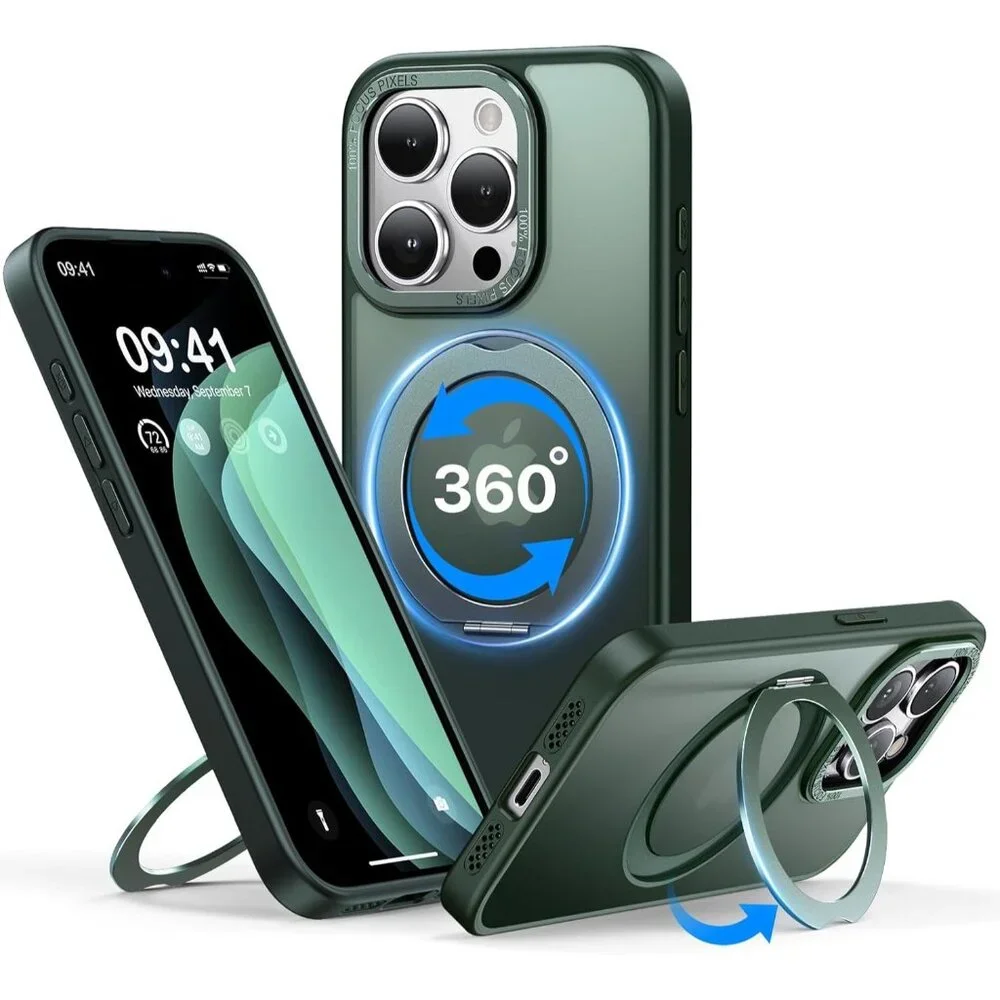 QTlier Green case iPhone 15 promax, 360 Rotatable Ring Stand, Raised Camera Fram